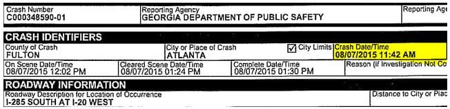 Screenshot of a motor vehicle accident report highlighting the documented time of the crash.
