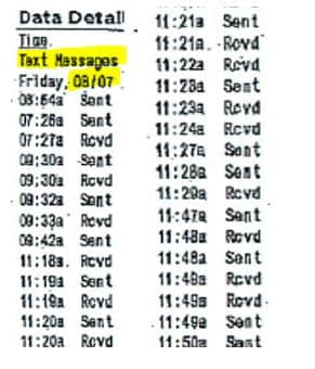Screenshot showing detailed phone records of text messages, including dates and times messages were sent and received, illusttrating distracted driving risks.