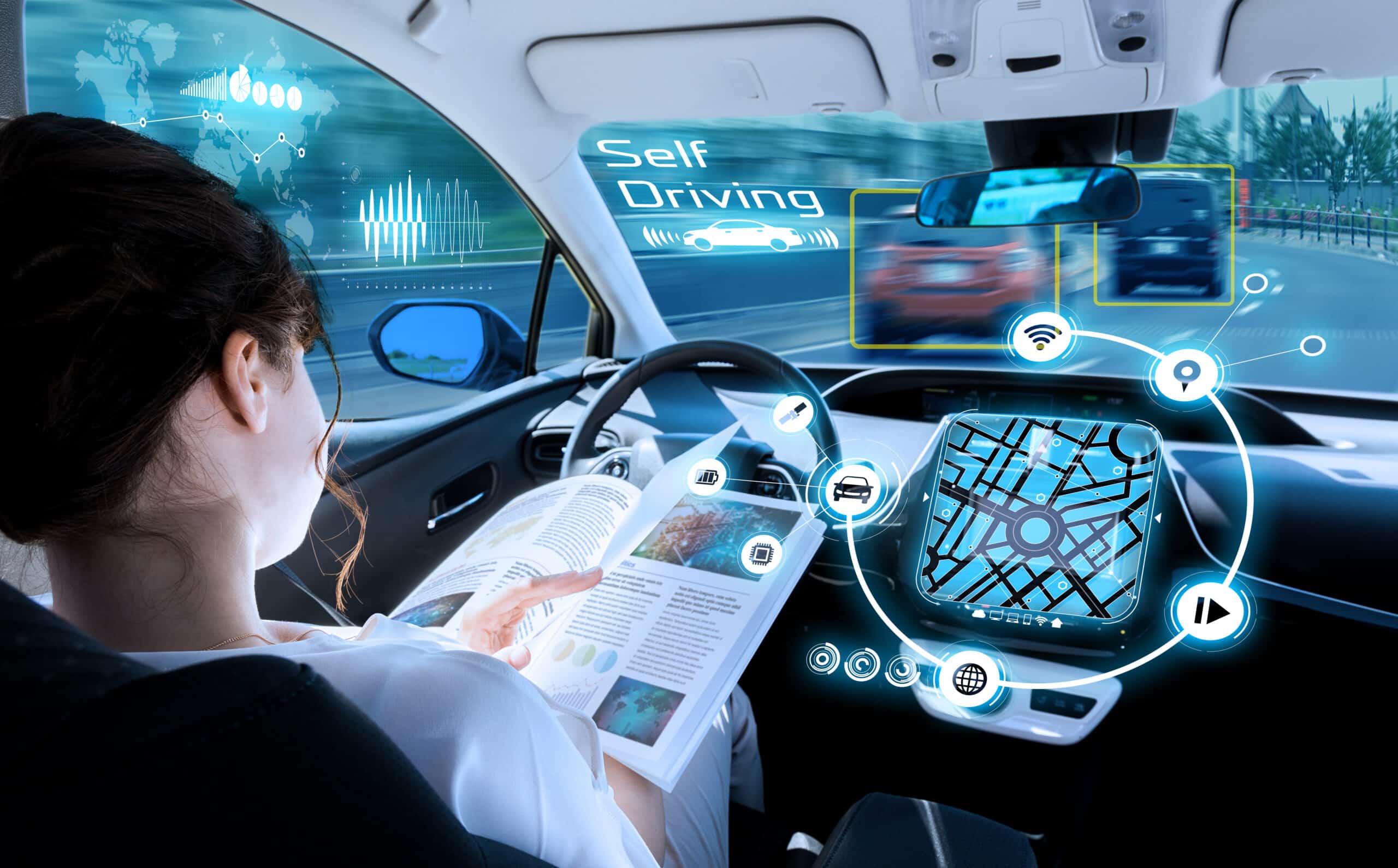 Woman reading a magazine while riding in a self-driving car, with digital displays showing autonomous vehicle technology.