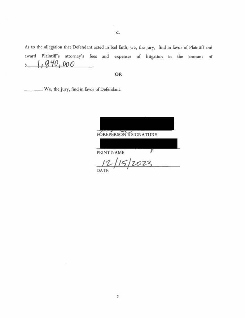 A piece of paper showing showing a Cobb County Georgia jury award of $1,840,000 on 12/15/2023.