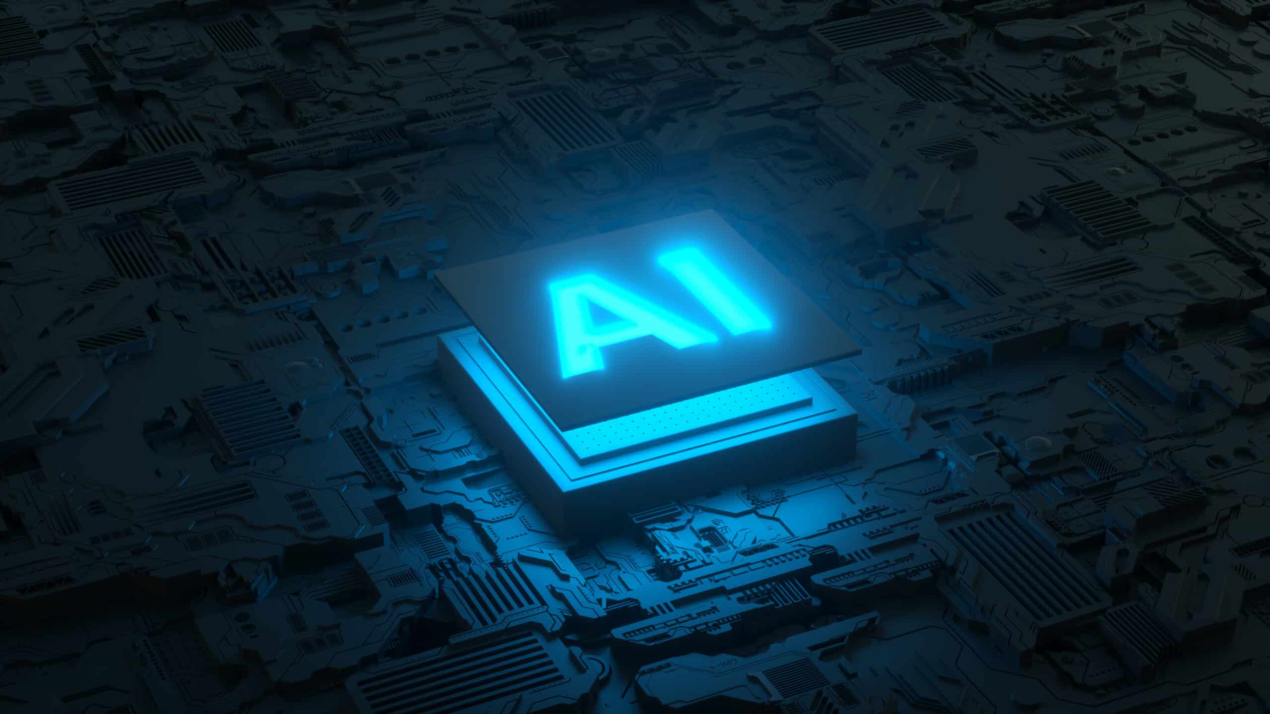 A glowing AI micro precessor chip floating just above a dark circuit board.